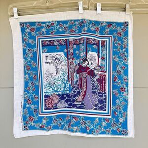 Vintage 80s Asian-Inspired Floral Poly Cotton Handkerchief Scarf USA